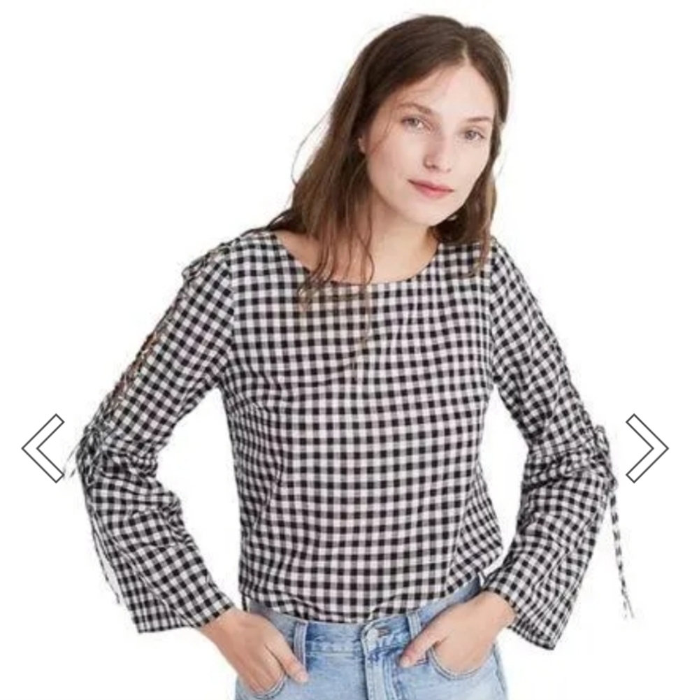 Madewell Gingham Lace-Up Bell Sleeve Blouse